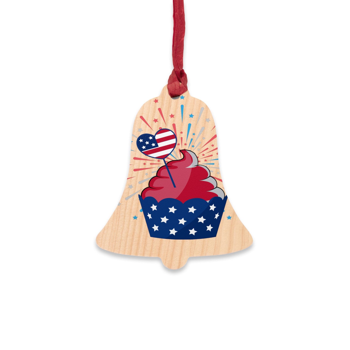 Bell Wooden Ornament — Patriotic Cupcake with Heart American Flag Design
