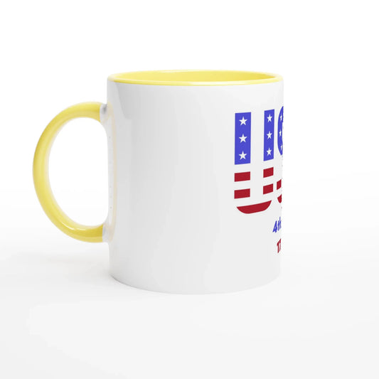 1b9464a2-8bf8-4f8d-bd13-b9e8e91f8b8bUSA Coffee Mug - Glossy White Ceramic Mug with Colorful Accents