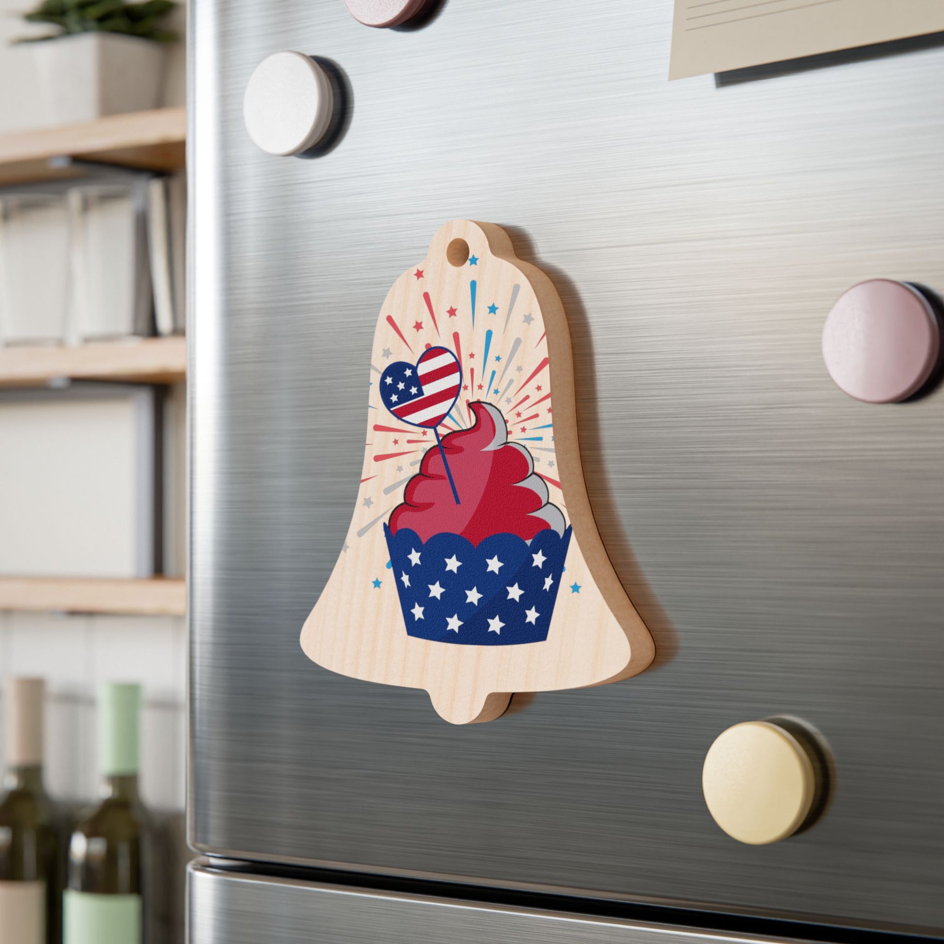 Bell Wooden Ornament — Patriotic Cupcake with Heart American Flag Design