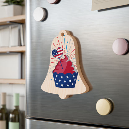 Bell Wooden Ornament — Patriotic Cupcake with Heart American Flag Design