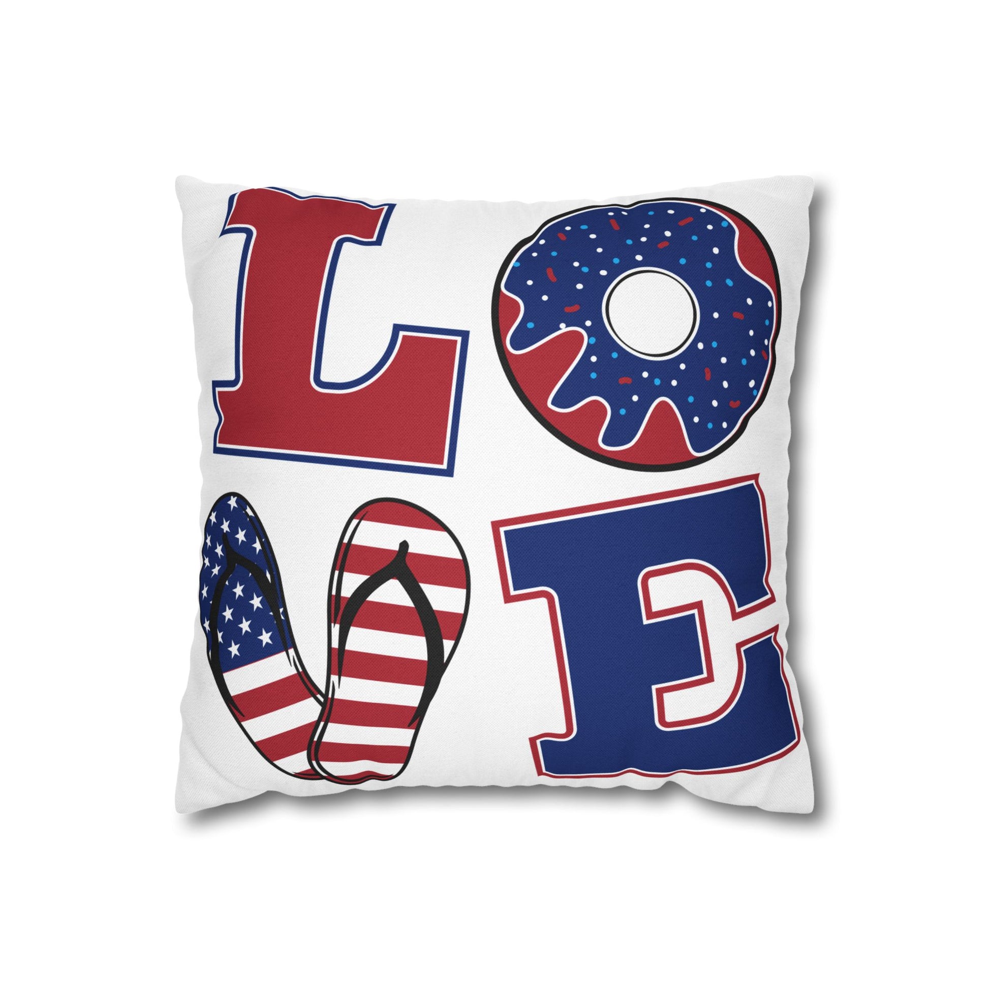 Patriotic LOVE Throw Pillowcase — Red White Blue Donut & Flip-Flop 4th of July Décor