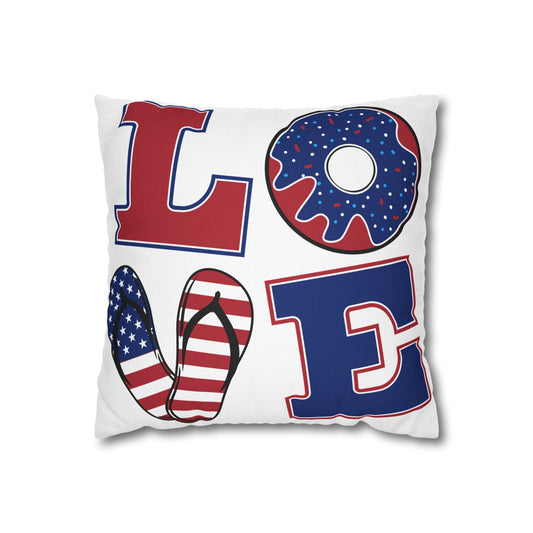 Patriotic LOVE Throw Pillowcase — Red White Blue Donut & Flip-Flop 4th of July Décor